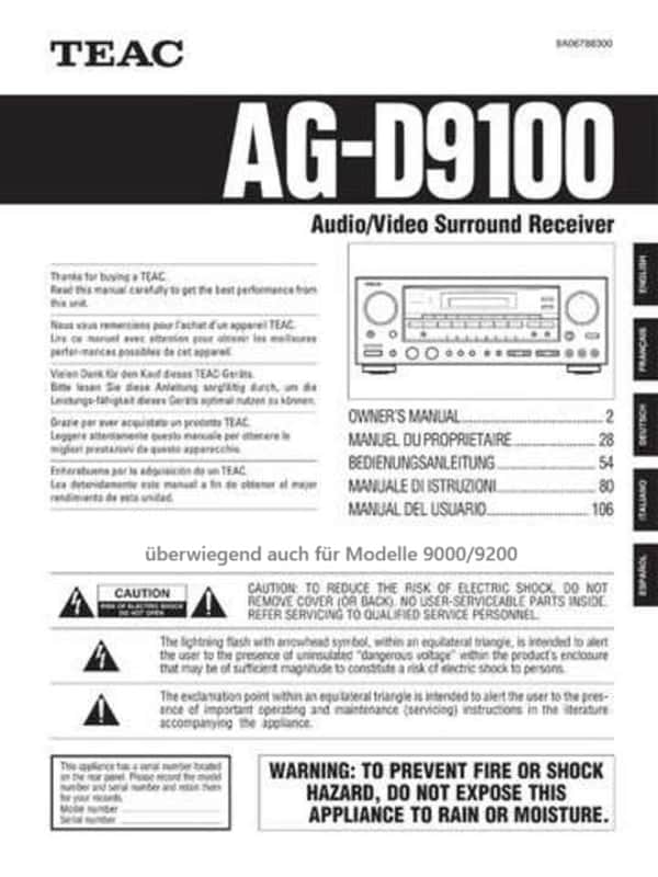 TEAC AG-D 9000 / 9100 / 9200 Bedienungsanleitung User-Guide Manual * ab 8,80 €
