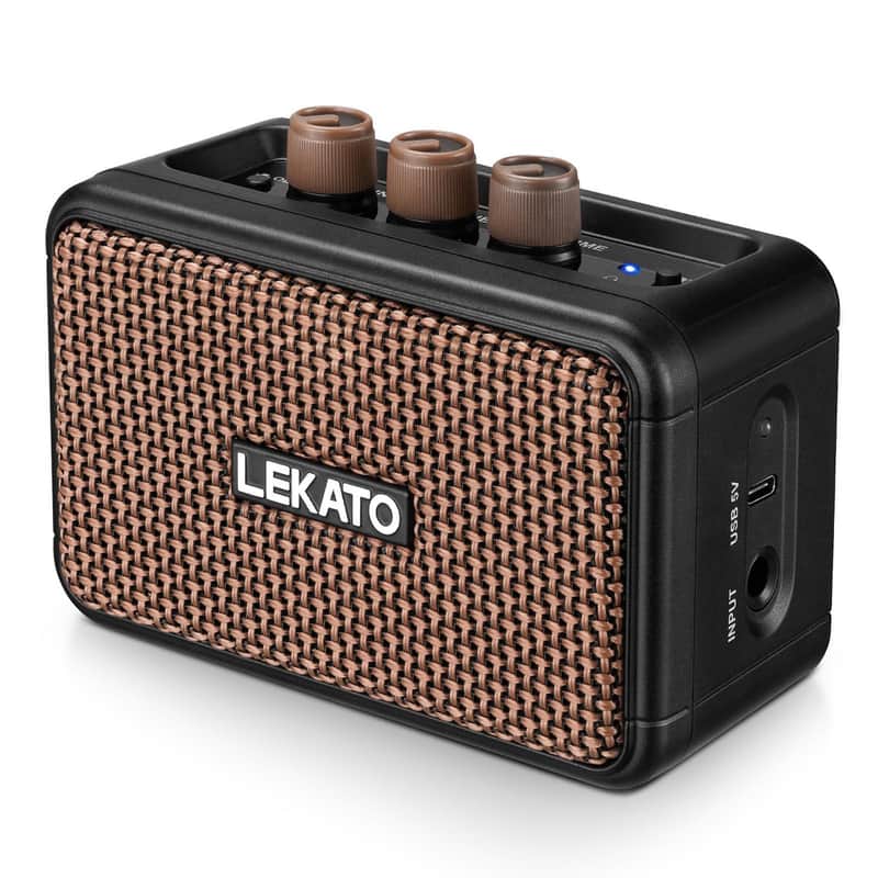 LEKATO Mini Guitar Amplifier, Dual Speakers 5W, Rechargeable Electric Guitar Amp Bluetooth with Clean Overdrive, 6H Working, Headphone Jack, Portable Small Amp for Practice AG-04 (Brown) image 1