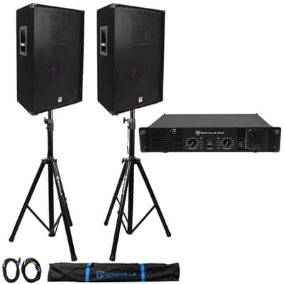 (2) Rockville RSG15 15" PA Speakers + Rockville RPA9 Amp + Stands + Cables+Case image 1