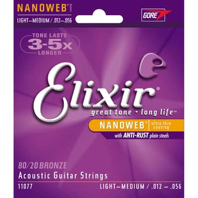 Elixir 11077 Nanoweb 80/20 Bronze Acoustic Guitar Strings - Light Medium (12-56)
