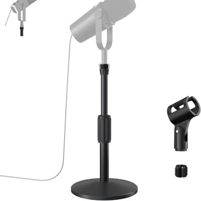 Desktop Mic Stand,Adjustable Height Podcast Microphone Stand with Mic Clip 3/8" to 5/8" Adapter image 1