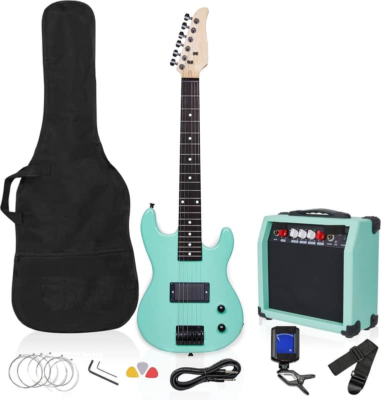 30 Inch Electric Guitar and Starter Kit for Kids with 3/4 Size Beginner’s Guitar, Amp, Six Strings, Two Picks, Shoulder Strap, Digital Clip On Tuner, Guitar Cable and Soft Case Gig Bag - Green image 1