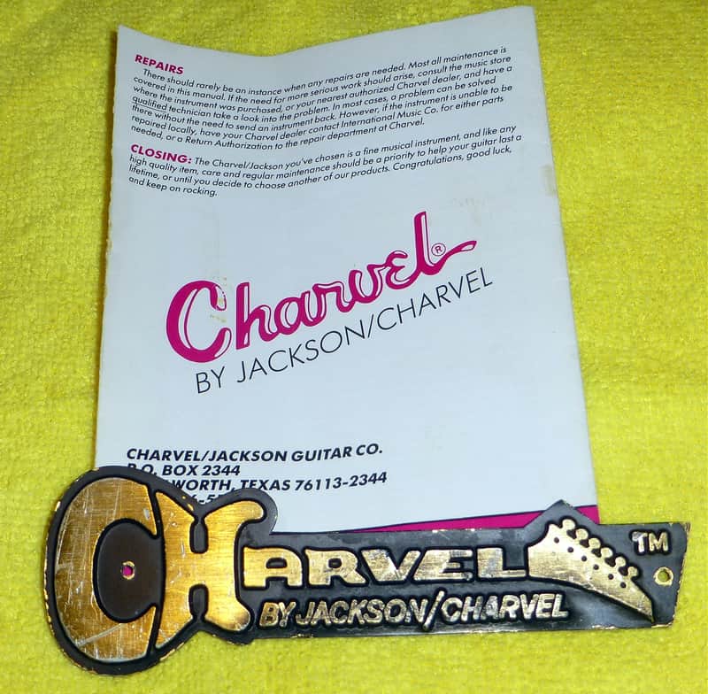 Charvel Pack consisting of Charvel Owners Manual from 1990 and Metal Charvel Guitar Case Badge Very Cool image 1