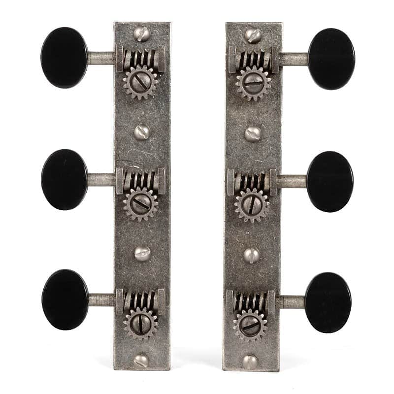 Golden Age Restoration Tuners for Solid Peghead Guitar with Square-end, Standard post: relic nickel with matte black knobs image 1