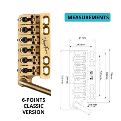 Vega-Trem VT1 Ultra-Trem Standard 6-Screw Stratocaster Guitar Tremolo Bridge For Strat No Mods Easy Installation (Gold, Right) image 7
