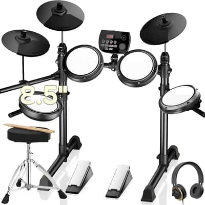 Electric Drum Set: Dual Zone Snare Drum,2 Cymbals w/Choke, 200 Sounds, 4 Quiet Mesh Drum Pads, Portable Electronic Drum Kit for Beginner, Bluetooth, MIDI, Throne, Headphone, Sticks image 1