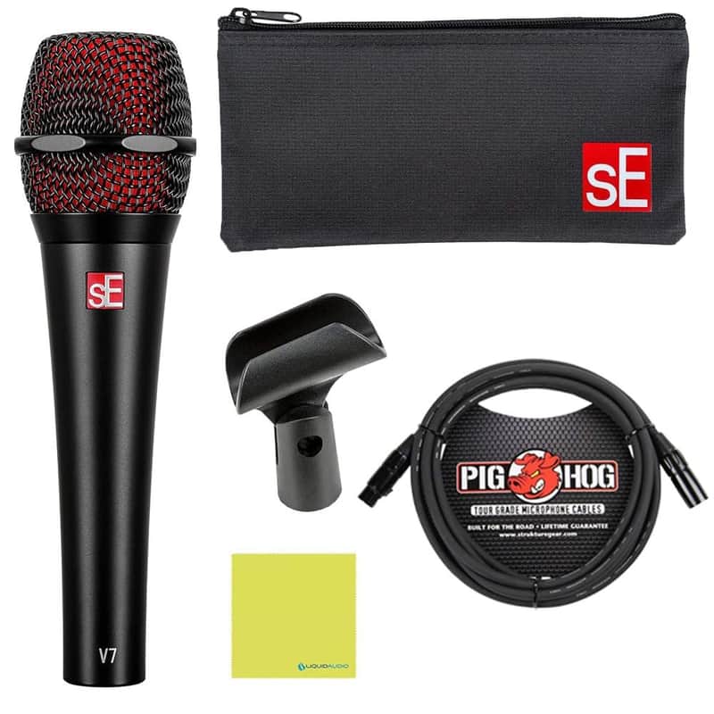 Liquid Audio sE Electronics V7 Supercardioid Dynamic Vocal Microphone in Black Finish Bundle w/Pig Hog PHM10 8mm Mic Cable Polishing Cloth image 1