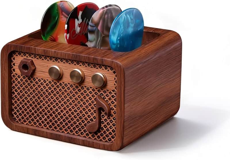 Guitar Pick Holder, Walnut Wood Amp Styled Guitar Pick Case for Picks Storage and Display, Guitar Gifts Accessories for Men Guitarists Guitar Players Music