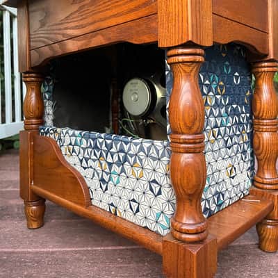 Rotary Connection 1x12 loaded semi open guitar speaker cab / side table! Vintage Rola 12” 8 ohm 25 watt speaker. Solid oak hardwood. Unique one off / one of a kind cab. Crazy 3D geometrical cloth. 2026 - Wood image 10