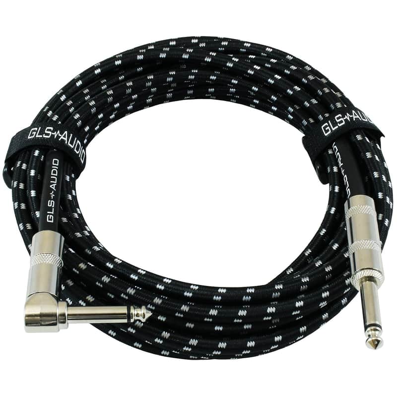 Instrument Cable - Amp Cord for Bass & Electric Guitar - Straight to Right Angle 1/4 Inch Instrument Cable - Black/Grey Braided Tweed, 20ft image 1