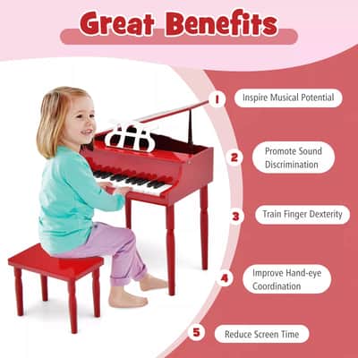Classic 30-Key Baby Grand Piano Toy for Toddlers | Vibrant Wooden Piano with Bench | Perfect Birthday Gift for Children Ages 3-8 (RED)) image 4