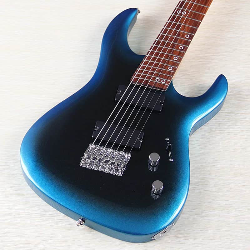 Metallic Blue 7 String Fanned Fret Custom Guitar, Solid Basswood Body with Maple Neck image 1