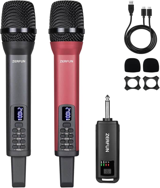 Wireless Microphones Dual, Pro Handheld Cordless Mics System Dynamic with Echo Treble BASS VOL Control for Karaoke Singing Church Party, 1/4'' Output, D240, Grey&Red image 1