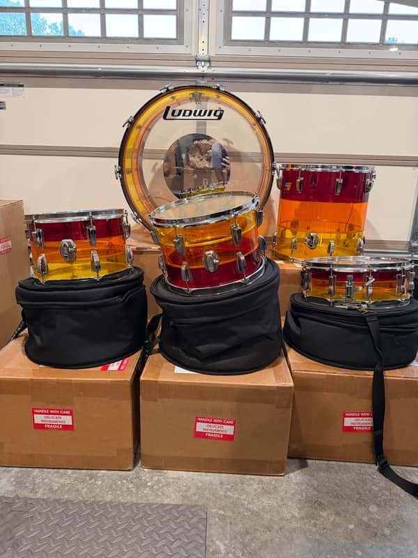 Vintage 1970s Ludwig Vistalite Tequila Sunrise 5-Piece Drum Kit w/ Matching Snare, Blue & Olive Badges, Cases, Tivoli Lighting System image 1