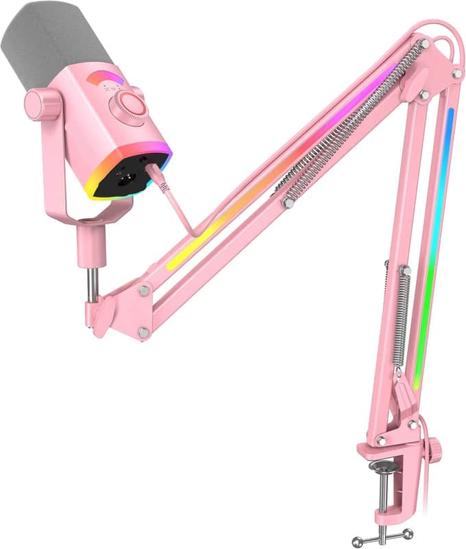 XLR/USB Gaming Microphone Kit with Boom Arm Stand, RGB Streaming Mic for Computer Compatible with PC/PS4/PS5, Podcast Mic Set with Headphone Jack, Volume Knob, Mute-AmpliGame image 1