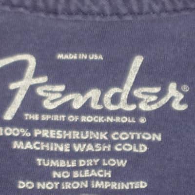 pre-owned / worn genuine Fender - Fender Factory Tour (Corona, California USA) - short sleeve T-Shirt, Men's X-Large (XL) Navy Blue with Creme & Gray Graphic, 100% preshrunk cotton, late 2000s to early - mid 2010s image 6