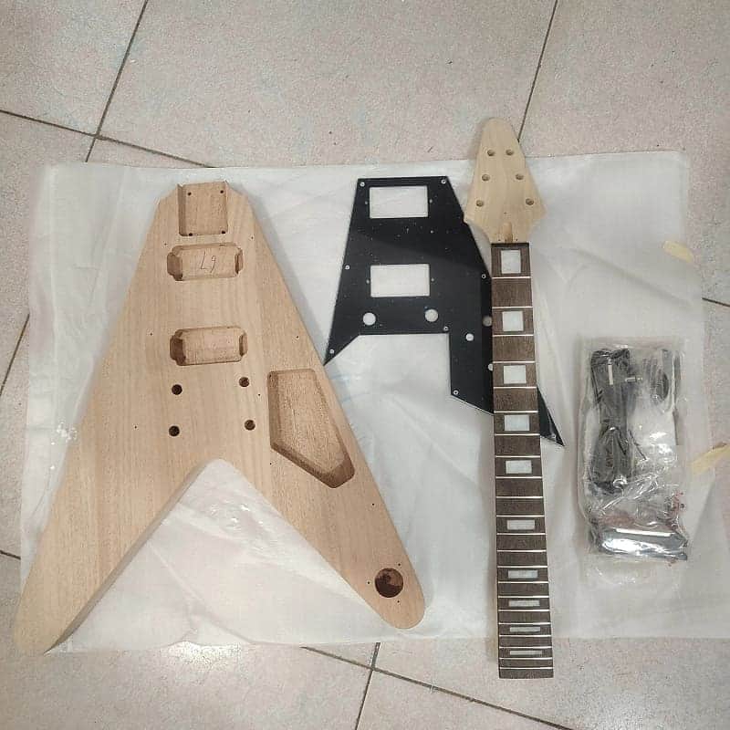 Unfinished Flying V Style Guitar Mahogany Wood Body, Rosewood Fingerboard Neck DIY Project Kit image 1