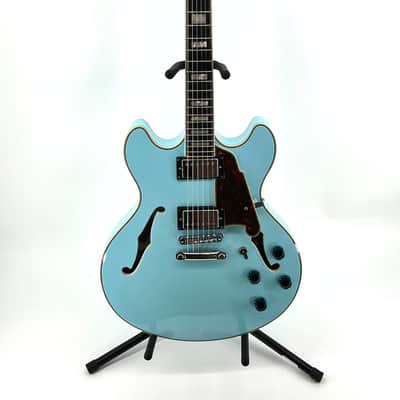 D'Angelico Premier DC Semi-Hollow with Stop-Bar Tailpiece 2021 - Sky Blue with D'Angelico Gig Bag image 2