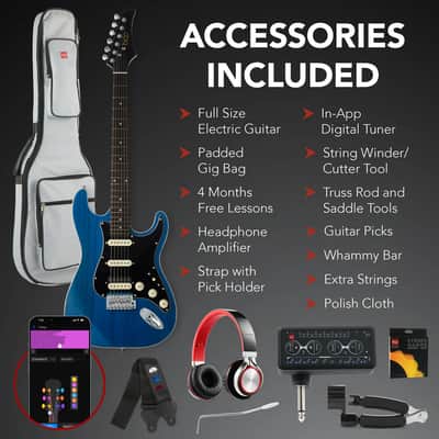 Beginner Electric Guitar Kit w/ Headphone Amp, Padded Gig Bag, Headphones - Sky Blue image 3