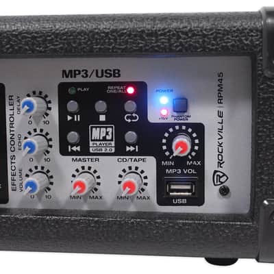 Rockville RPM45 1800w Powered 4 Channel Mixer , USB, 3 Band EQ, Effects, Phantom image 8