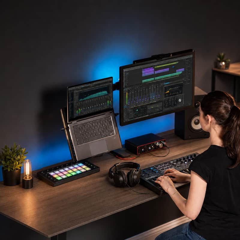 Laptop & Monitor Studio Desk Mount – Adjustable Black VESA Stand for Music Production & Home Studio Setups image 1