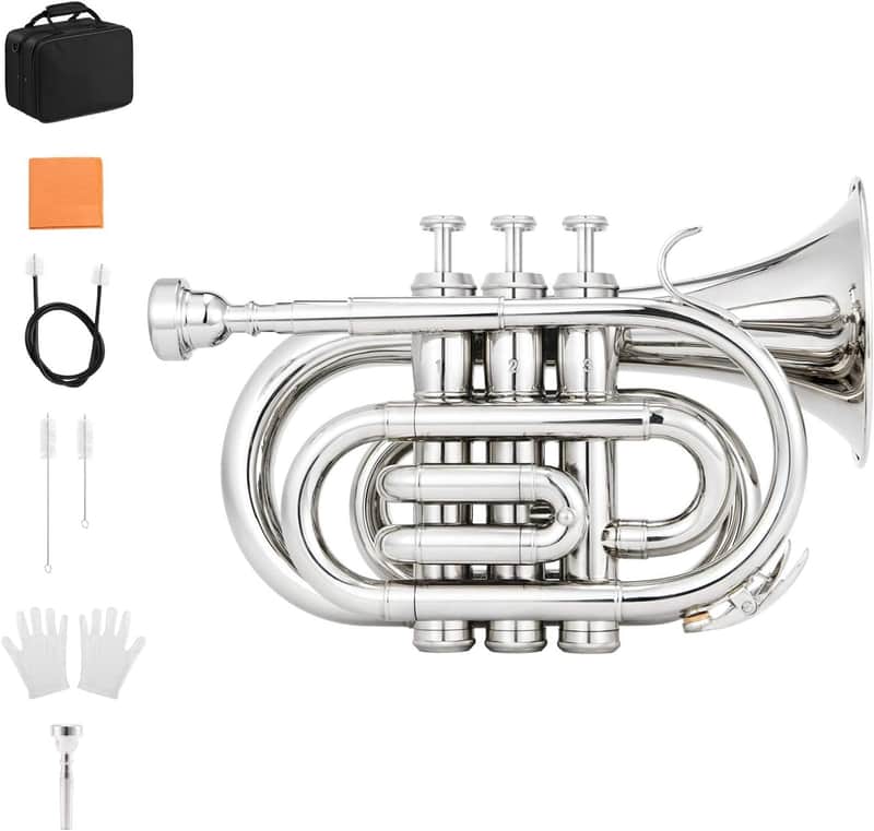 Trumpet B Flat for Beginners Students, Brass Trumpet Mouthpiece 7C, Cleaning Kit, Hard Case, Gloves Nickel image 1