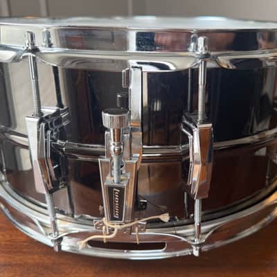 Vintage 70’s 6.5” Black Beauty Ludwig No. 417 6.5x14" 10-Lug Brass Snare Drum Pointed Blue/Olive Badge 1977 - 1979  Black Nickel-Plated Original Heads dB-300 dB-1250 image 6