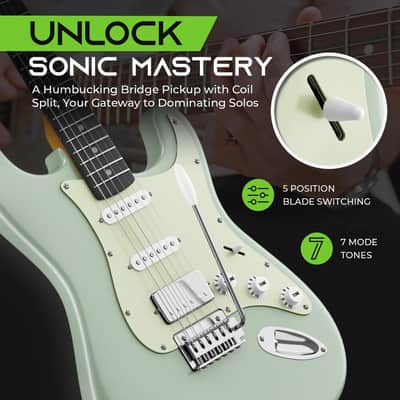Electric Guitar (Premium Ash Tonewood) 39in Full-Size, HSS Pickups with Coil Split, Round Frets, Genuine Rosewood Fretboard, Accessories - Surf Green image 4