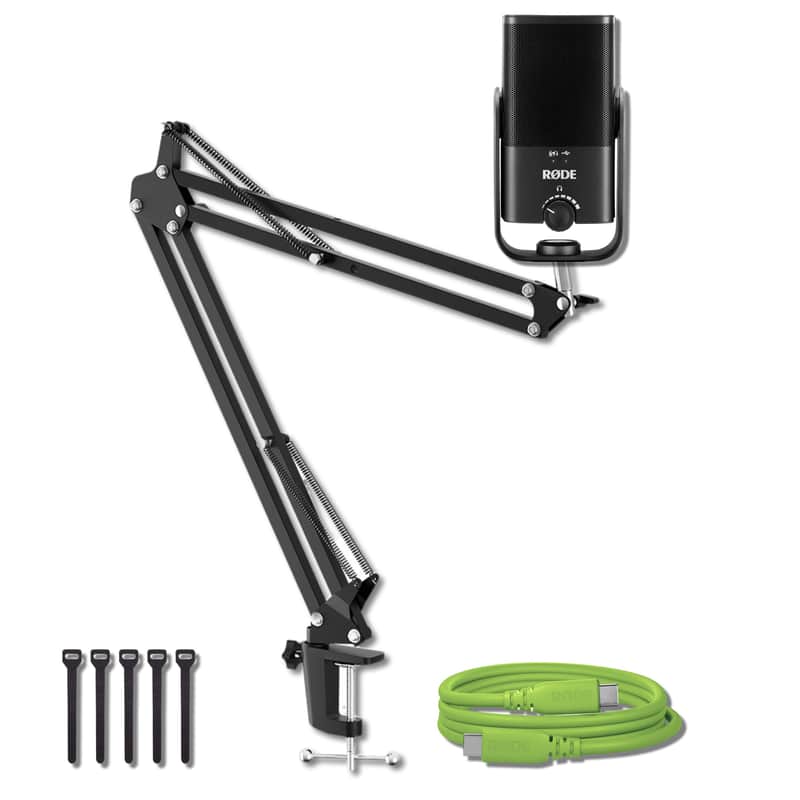 Rode NT-USB Mini USB Condenser Microphone with Rode SC27 Green USB-C to USB-C Cable and StreamEye Adjustable Boom Arm image 1