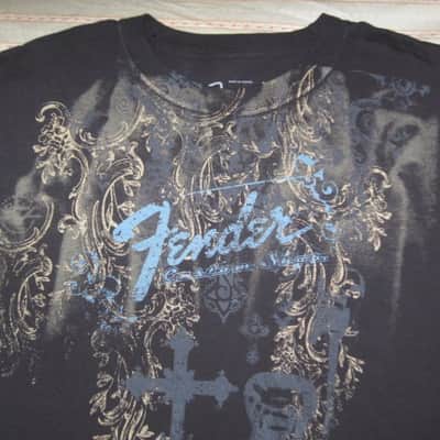 new old stock genuine Fender Heaven's Gate Custom Shop 100% Cotton Black Short Sleeve T-Shirt, XXL (XX-Large) (part #): 9101040806, early 2010s, GRAPHIC: Tan, Blue, Brown, Black (cross, 2 guitars, floral swirl, Fender, Custom Shop) NO: hang tag/packaging image 6