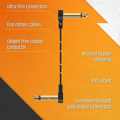 Guitar Flat Patch Cables (Pack of 3) - 6 Inch C-Shape Ultra-Thin Effect Guitar Pedal Patch Cables - Right-Angle, Black with Durable Gold Plated Connectors, Maximize Pedalboard Space image 2