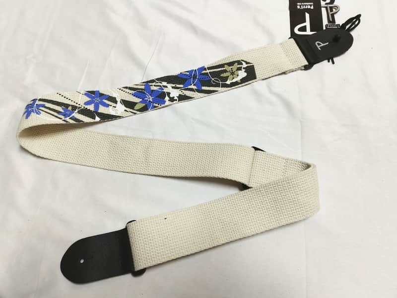 PERRI's Blue Floral Screen printed cotton Guitar Strap -Leather ends NEW 2" wide image 1
