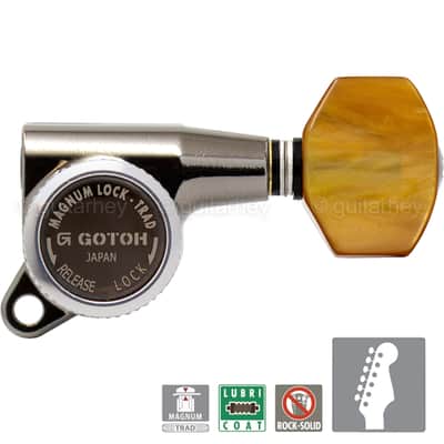 NEW Gotoh SG381-P8 MGT 6 in Line Locking Tuners Set AMBER Buttons - COSMO BLACK