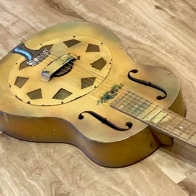 National Triolian "Anemone Bouquet" 1928 Yellow, very early wood body Tricone resonator guitar. image 4