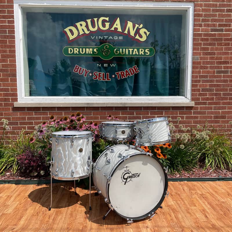 1960s Gretsch Progressive Jazz Drum Set Silver (White) Satin Flame 20/12/14 w/ Snare image 1