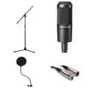 Audio-Technica AT2035 Cardioid Condenser Microphone with Gator RI-POPFILTER Rok-It Single Layer Microphone Pop Filter with Clamp Mount, On-Stage Stands MS7701B Euro Boom Microphone Stand - Black, XLR Cable, and a Polishing Cloth
