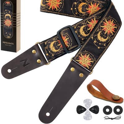 Sun & Moon Embroidered Guitar Strap w/ Leather Ends, Strap Locks & Picks for Acoustic Electric Bass Guitar image 1