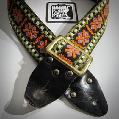 ACE Unbranded Hippie Guitar Strap Genuine Vintage Part Circa-1960s-Black with White, Green, Orange & Pink image 1