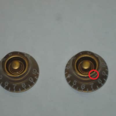 TWO very lightly used genuine Gibson Gold TOP HAT Knobs (ONLY 2 of the 4 knobs from PRHK-020 set are for sale) TOP Edge of ONE OF THE KNOBS has two very short very light nick image 7