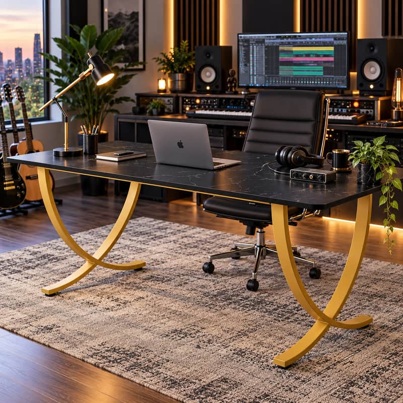 Immagine 63" Black & Gold Music Producer Desk Large Studio Workstation for Audio Engineer Recording Mixing Setup - 1