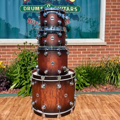 DW Collector's Series Pure Exotic Oak 4pc Drum Set Candy Black Burst Over Giant Quilted Sapele 22/12/13/15 image 2