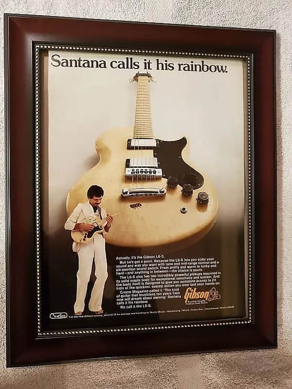 1975 Gibson Guitars Color Promotional Ad Framed Carlos Santana Gibson L6-S Original image 1
