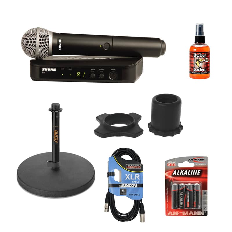 Shure BLX24/PG58 - Desktop Mic stand - XLR Cable - 4 AA battery set - Goby Labs GLS-104 - Anti Slip Roller Ring image 1