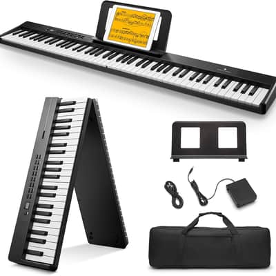 Portable Piano Keyboard 88 Keys for Beginner, Bluetooth Foldable Piano Keyboard with 128 Rhythms&Tones, Chord, Record, Drum Kit, Folding Digital Piano Bundle with Pedal, Piano Bag, Black image 1