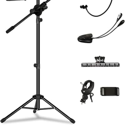 Music Stand for Sheet Music with Mic Pole, All-In-One Folding Sheet Music Stand with Pop Filter & Phone Holder, Portable Music Book Stand with Light & Clips for Violin Guitar Ukulele Violin Players image 1