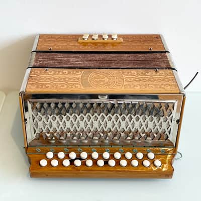 1940 Hohner A/D Button Accordion Natural Blonde Rare Vintage Embossed/Engraved Wood Design Concertina image 2
