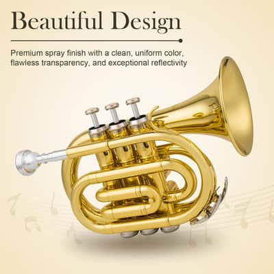 Pocket Trumpet Bb Flat - Gold Lacquer Brass Mini Trumpet Full Kit for Beginners Students with 7C Mouthpiece, Hard Case, Gloves & Cleaning Kit  (Golden) image 2