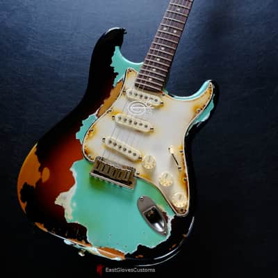 Fender Stratocaster Surf Green over Sunburst Made in USA Heavy Aged Relic image 4