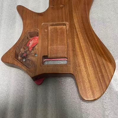 Vibrato system Headless Electric Guitar Body | Mahogany Core with Burl Top & Red Resin Inlay  2. Headless Style Guitar Body, Mahogany Base + Burl Wood & Sparkle Red Resin Finish image 6
