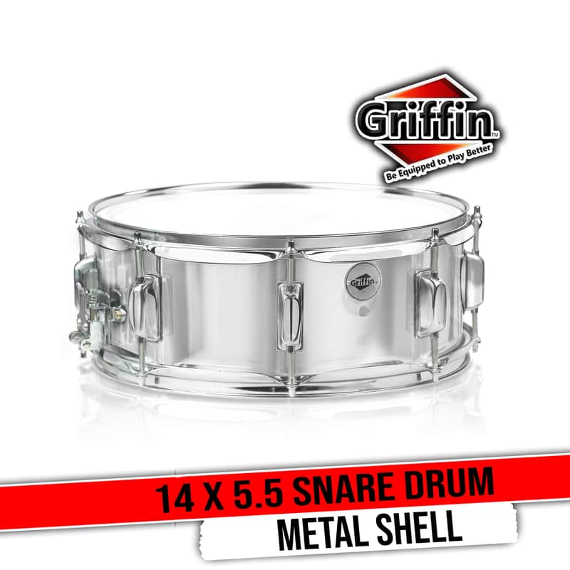 GRIFFIN 14" x 5.5" Steel Snare Drum (MetalPRO Edition) – Chrome Shell with 8 Lugs, Throw Off Strainer, White Head & Drum Key – Percussion Instrument Kit image 1